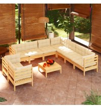 vidaXL 10 Piece Patio Lounge Set with Cream Cushions Solid Pinewood