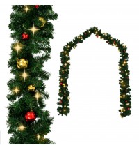 vidaXL Christmas Garland with Baubles and LED Lights Green 66 ft PVC