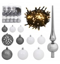 vidaXL 120 Piece Christmas Ball Set with Peak and 300 LEDs White&Gray