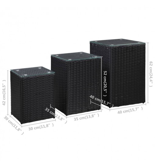 vidaXL Side Tables 3 pcs with Glass Top Black Poly Rattan