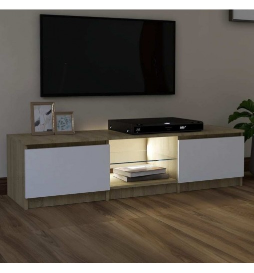 vidaXL TV Stand with LED Lights White and Sonoma Oak 55.1"x15.7"x14"