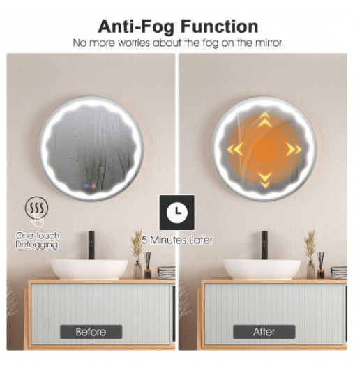 24 Inch Round Wall Mirror with 3-Color LED Lights and Smart Touch Button