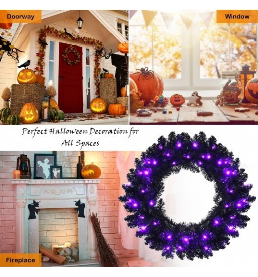 24 Inch Pre-lit Halloween Wreath with 35 Purple LED Lights