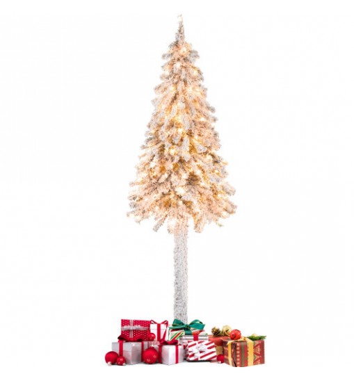 6 Feet Pre-Lit Slim Pencil Christmas Tree Snow Flocked Xmas Decor