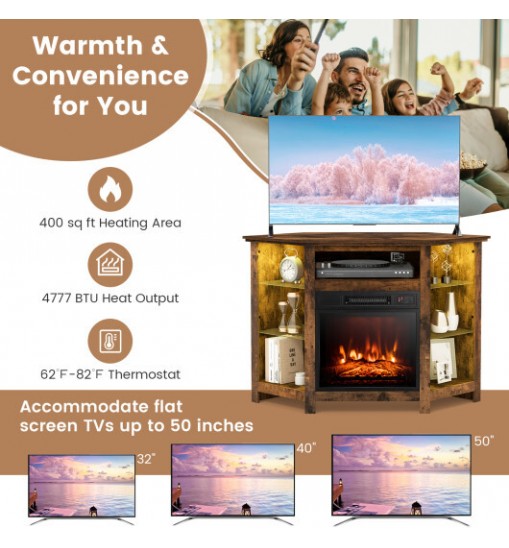 Fireplace Corner TV Stand with LED Lights and Smart APP Control for 50 Inches TV-Gray