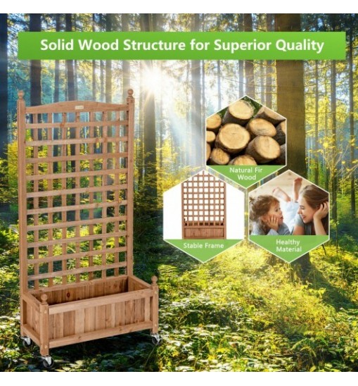 50 Inch Wood Planter Box with Trellis Mobile Raised Bed for Climbing Plant