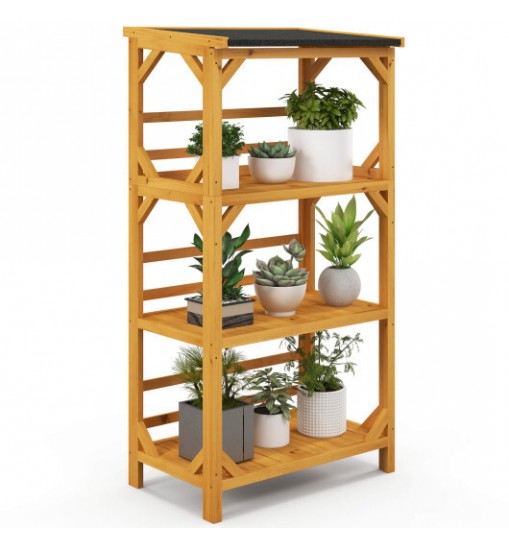 3-Tier Wooden Plant Stand with Weatherproof Asphalt Roof for Patio-Natural