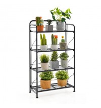 4-Tier Folding Plant Stand with Adjustable Shelf and Feet-Black