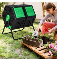 Dual Chamber Garden Compost Tumbler with Sliding Doors-Black & Green