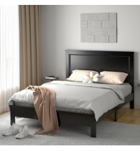 Queen Size Bed Frame Platform Slat High Headboard Bedroom with Rubber Wood Leg-Black