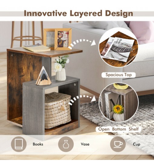 3-Tier End Table with Open Storage Shelf for Living Room Bedroom-Brown