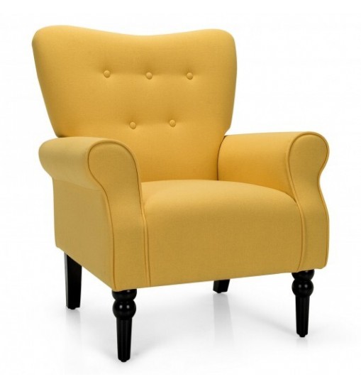 Modern Accent Chair with Tufted Backrest and Rubber Wood Avocado Legs-Yellow