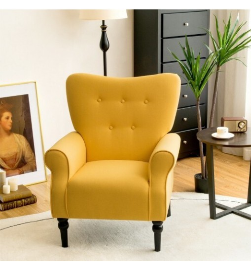 Modern Accent Chair with Tufted Backrest and Rubber Wood Avocado Legs-Yellow