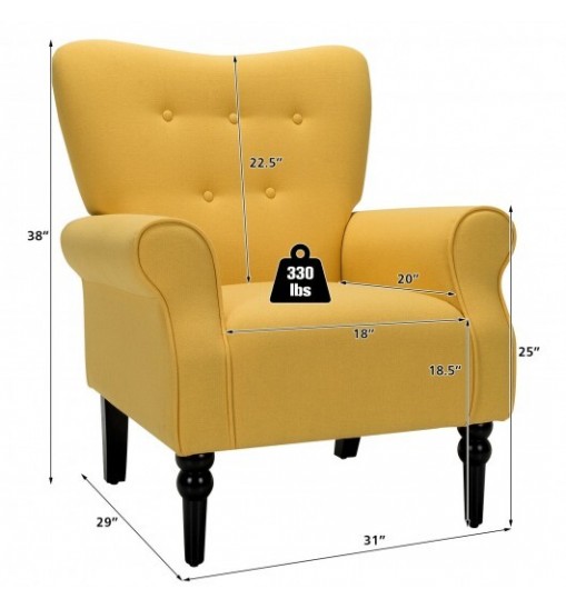 Modern Accent Chair with Tufted Backrest and Rubber Wood Avocado Legs-Yellow