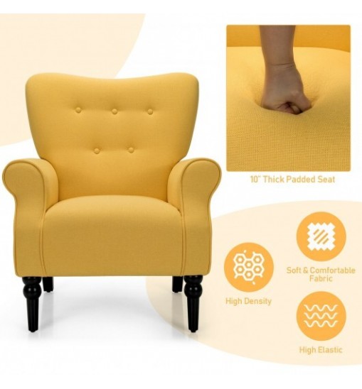 Modern Accent Chair with Tufted Backrest and Rubber Wood Avocado Legs-Yellow