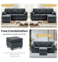 3 Seat L-Shape Movable Convertible Sectional Sofa with Ottoman-Gray