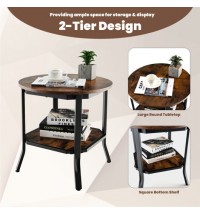 2-Tier Round End Table with Storage Shelf for Living Room-Brown