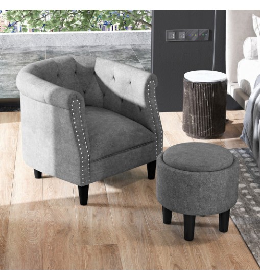 Modern Accent Chair with Ottoman Armchair Barrel Sofa Chair and Footrest-Grey