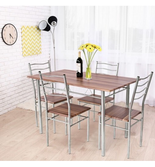 5 Pieces Wood Metal Dining Table Set with 4 Chairs-Natural