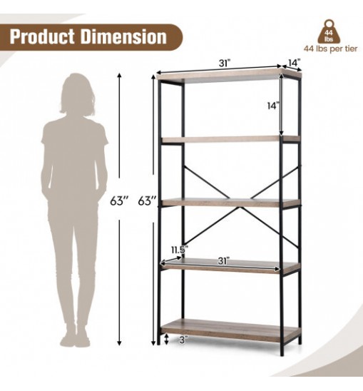5-Tier Industrial Bookshelf Display Storage Rack with Metal Frame-Gray