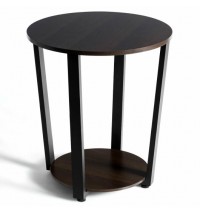 2-tier Round End Table with Storage Shelf & Metal Frame-Walnut