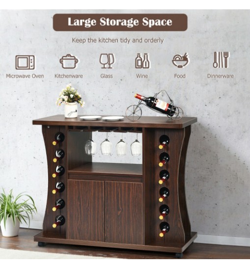 Rolling Buffet Sideboard Wooden Bar Storage Cabinet-Walnut