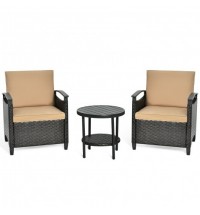 3 Pieces Patio Rattan Furniture Set Cushioned Sofa Storage Table with Shelf Garden