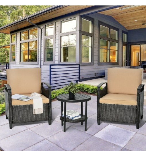 3 Pieces Patio Rattan Furniture Set Cushioned Sofa Storage Table with Shelf Garden