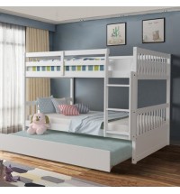 Full over Full Bunk Bed Platform Wood Bed with Ladder-White