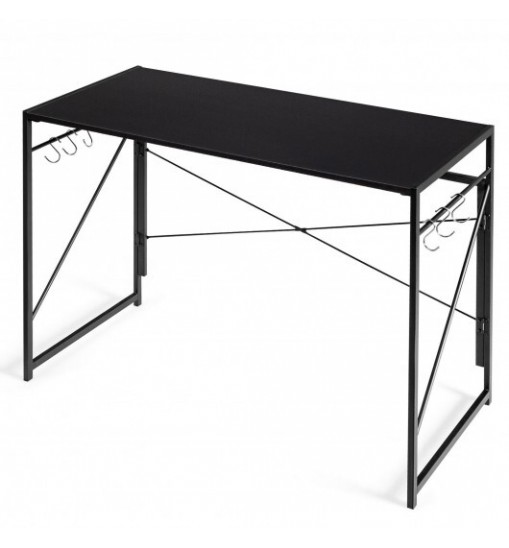 Folding Computer Desk Writing Study Desk Home Office with 6 Hooks-Brown Folding Computer Desk Writing Study Desk Home Office with 6 Hooks-Brown