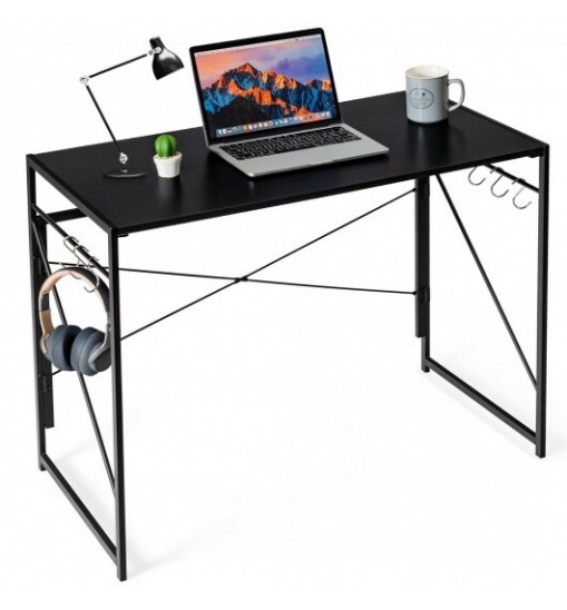 Folding Computer Desk Writing Study Desk Home Office with 6 Hooks-Brown Folding Computer Desk Writing Study Desk Home Office with 6 Hooks-Brown
