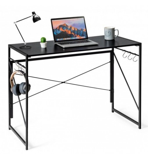 Folding Computer Desk Writing Study Desk Home Office with 6 Hooks-Brown Folding Computer Desk Writing Study Desk Home Office with 6 Hooks-Brown