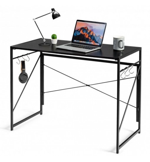 Folding Computer Desk Writing Study Desk Home Office with 6 Hooks-Brown Folding Computer Desk Writing Study Desk Home Office with 6 Hooks-Brown