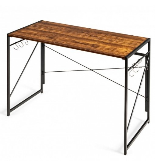 Folding Computer Desk Writing Study Desk Home Office with 6 Hooks-Brown Folding Computer Desk Writing Study Desk Home Office with 6 Hooks-Brown