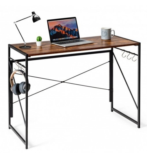 Folding Computer Desk Writing Study Desk Home Office with 6 Hooks-Brown Folding Computer Desk Writing Study Desk Home Office with 6 Hooks-Brown
