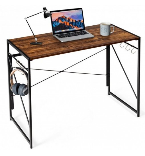 Folding Computer Desk Writing Study Desk Home Office with 6 Hooks-Brown Folding Computer Desk Writing Study Desk Home Office with 6 Hooks-Brown