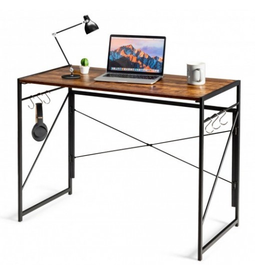 Folding Computer Desk Writing Study Desk Home Office with 6 Hooks-Brown Folding Computer Desk Writing Study Desk Home Office with 6 Hooks-Brown