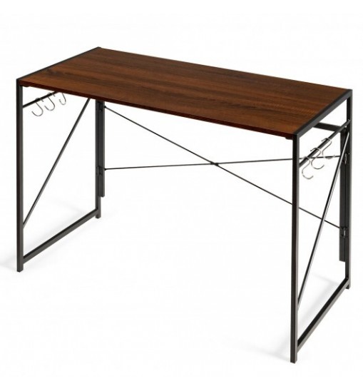 Folding Computer Desk Writing Study Desk Home Office with 6 Hooks-Brown Folding Computer Desk Writing Study Desk Home Office with 6 Hooks-Brown