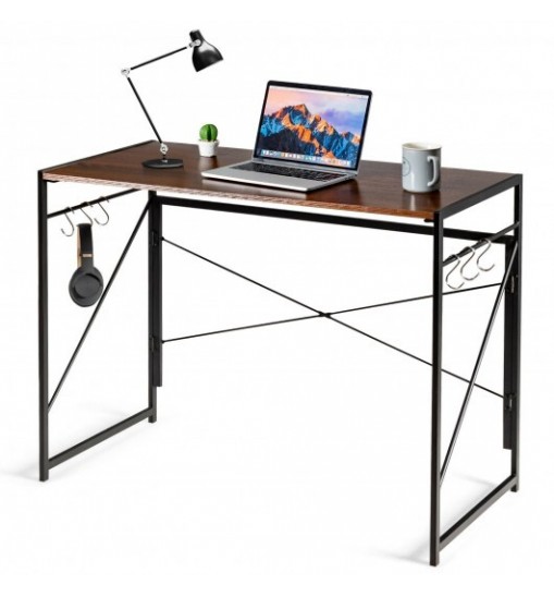 Folding Computer Desk Writing Study Desk Home Office with 6 Hooks-Brown Folding Computer Desk Writing Study Desk Home Office with 6 Hooks-Brown