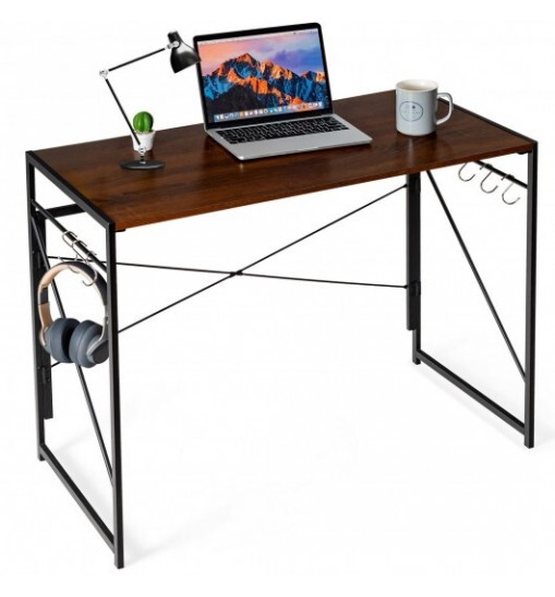 Folding Computer Desk Writing Study Desk Home Office with 6 Hooks-Brown Folding Computer Desk Writing Study Desk Home Office with 6 Hooks-Brown