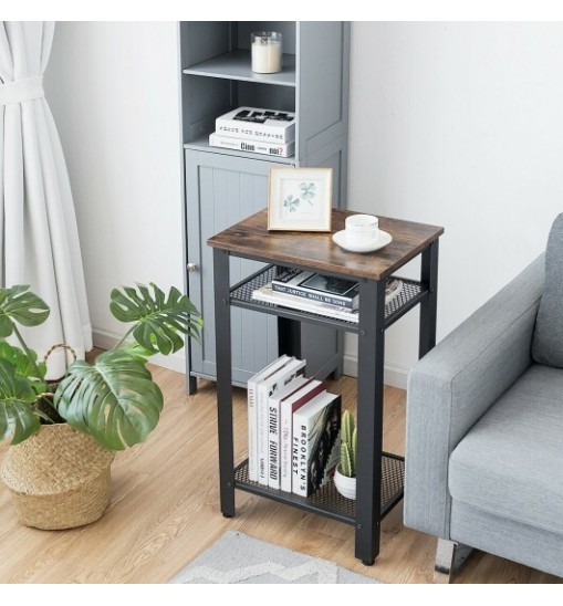 3-Tier Industrial End Table with Metal Mesh Storage Shelves