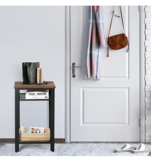 3-Tier Industrial End Table with Metal Mesh Storage Shelves