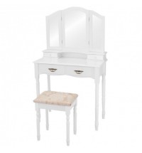 Simple Vanity Set with Tri-Folding Mirror Drawers and Storage Shelf-White