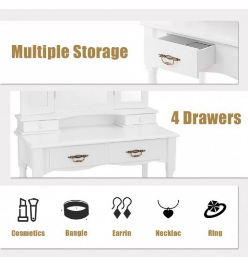 Simple Vanity Set with Tri-Folding Mirror Drawers and Storage Shelf-White
