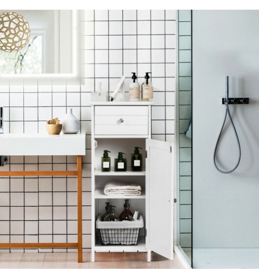 Wooden Bathroom Floor Storage Cabinet with Drawer and Shelf