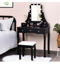 10 Dimmable Light Bulbs Vanity Dressing Table with 2 Dividers and Cushioned Stool-Black