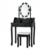 Makeup Dressing Table with Touch Switch Lighted Mirror and Cushioned Stool-Black