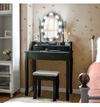 Makeup Dressing Table with Touch Switch Lighted Mirror and Cushioned Stool-Black