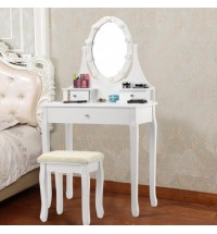 3 Drawers Lighted Mirror Vanity Dressing Table Stool Set-Black