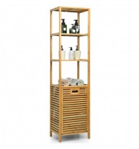 Bamboo Tower Hamper Organizer with 3-Tier Storage Shelves-Natural